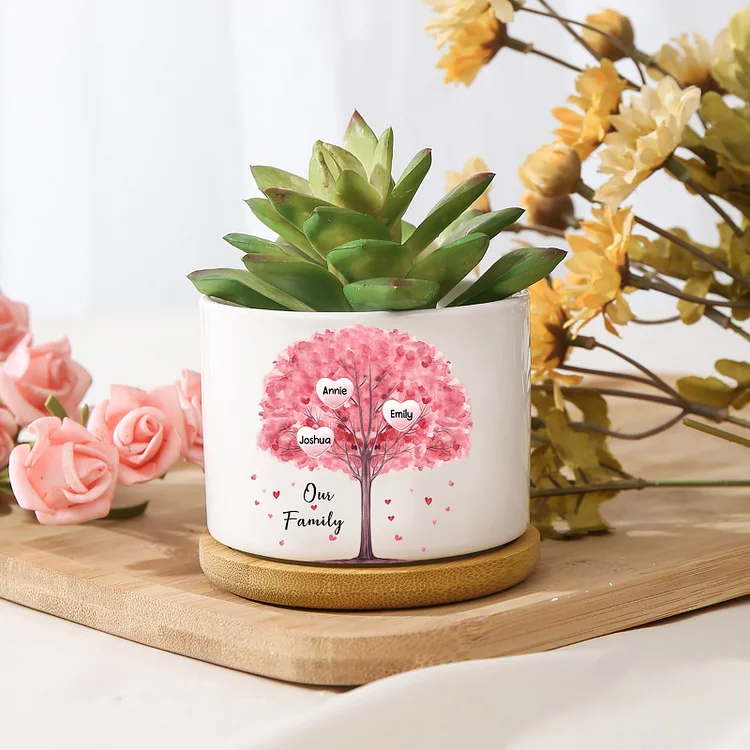 Personalized Ceramic Flowerpot with Wooden Base Custom 3 Names & 1 Text Pink Family Tree Flowerpot Gift for Mother/Grandma