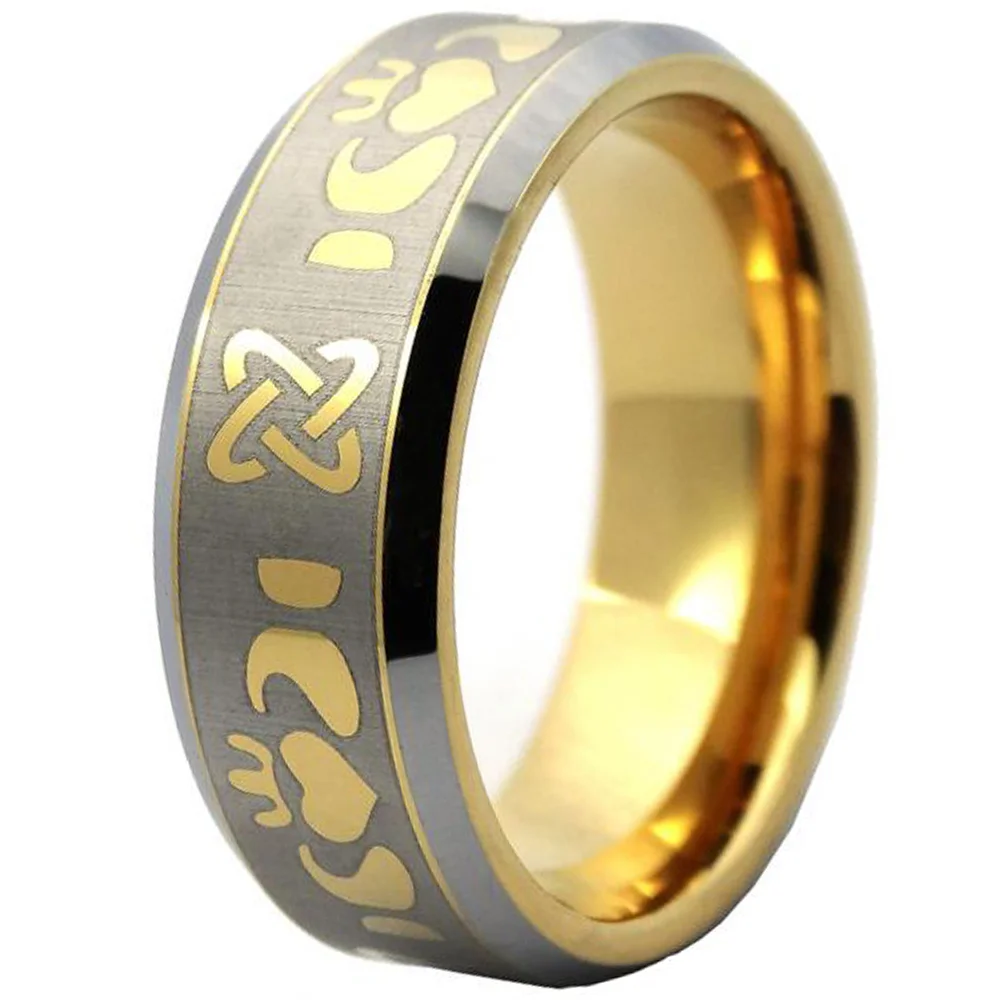 6MM 8MM Mens Gold Laser Pattern Tungsten Carbide Polished Beveled Edge Wedding Bands