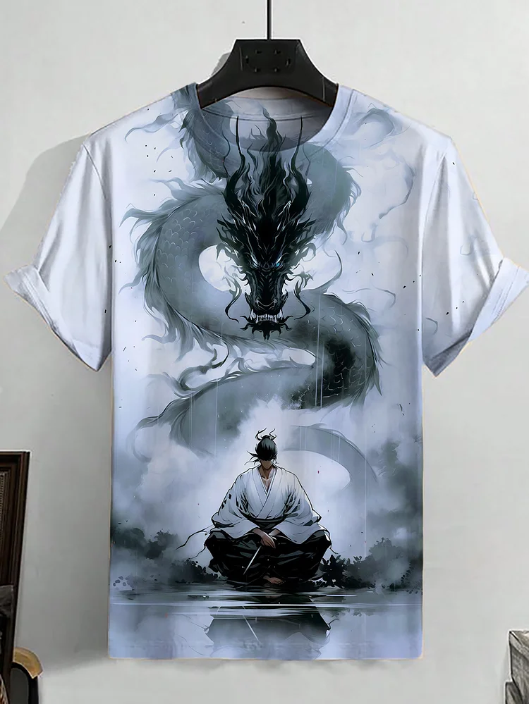 Men's Japanese Art Dragon Samurai Print Casual T-Shirt
