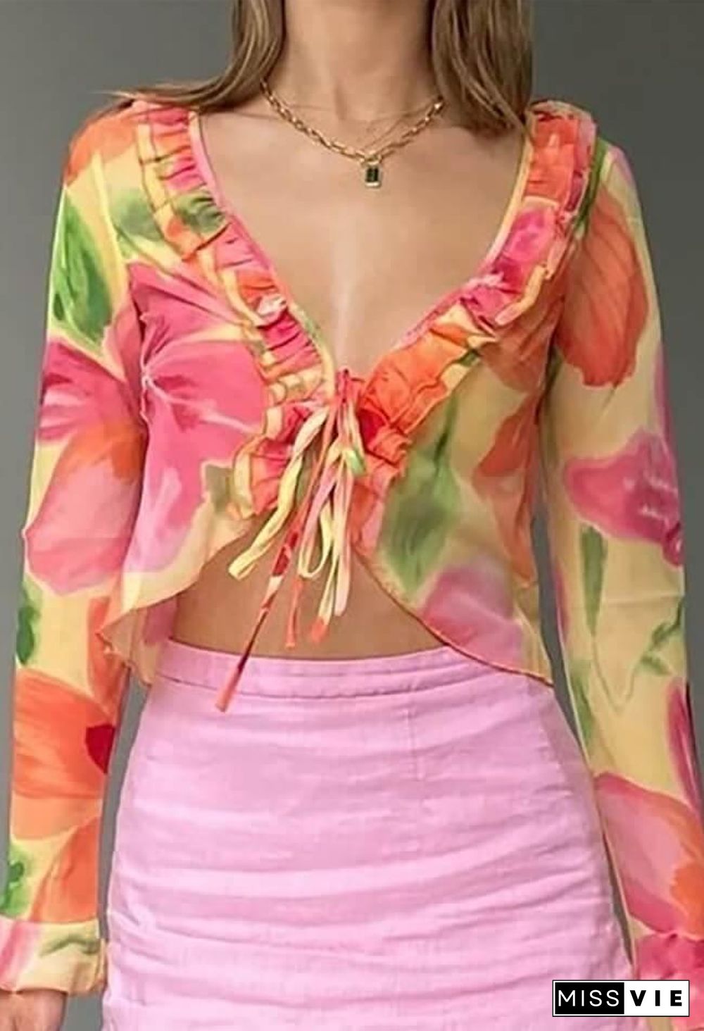 Plunge V Neck Chiffon Blouse