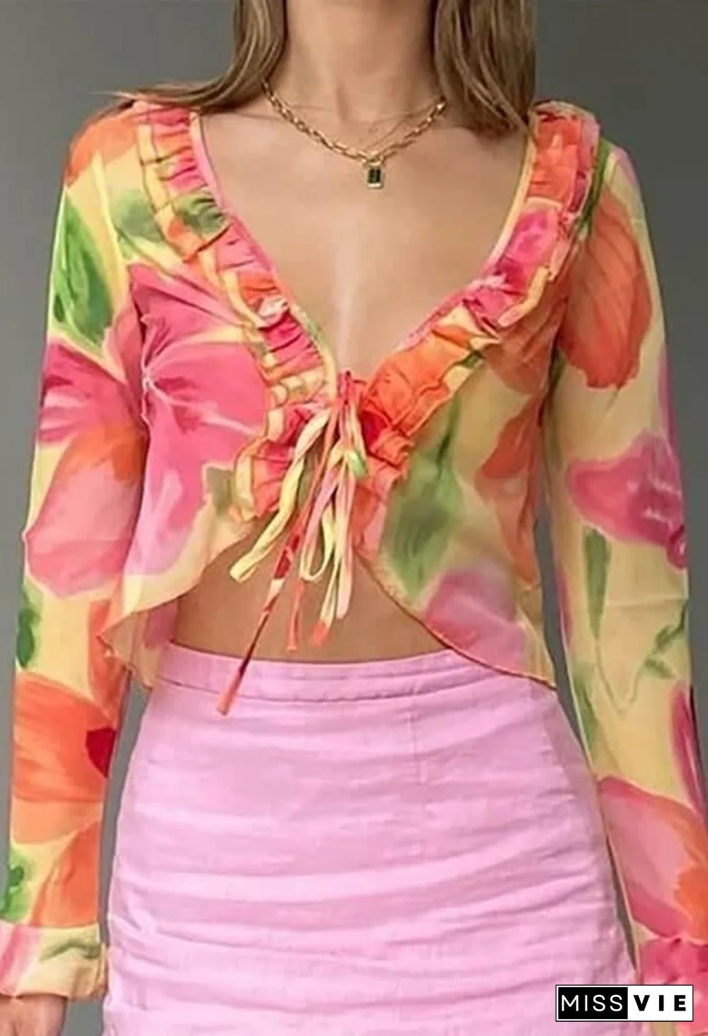 Plunge V Neck Chiffon Blouse