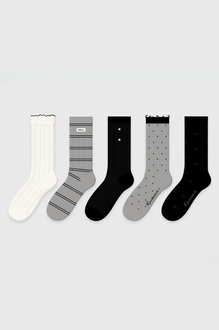 5 Pack Striped Polka Dot Ribbed Cuff Micro Mesh Cotton Socks
