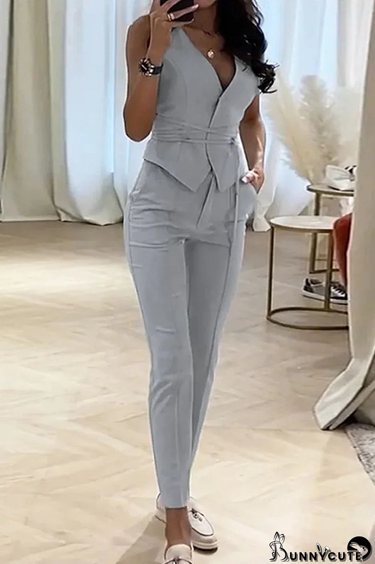 Grey Sexy Work Solid V Neck Sleeveless Two Pieces