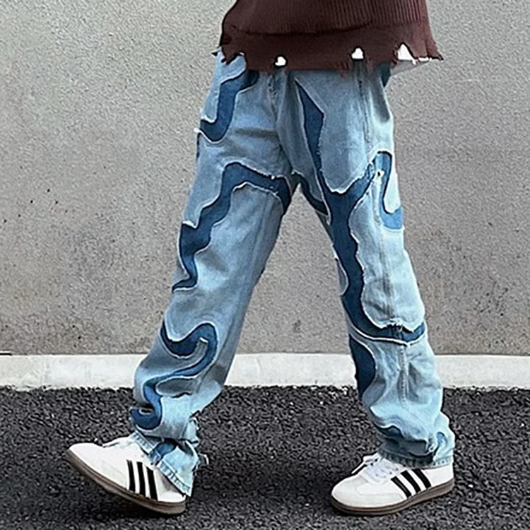 Men's High Street Washed Distressed Blue Patchwork Jeans