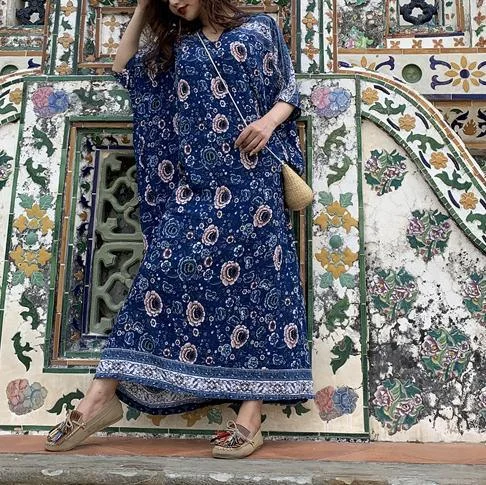 Organic v neck half sleeve summer Tunics Runway blue print Art Dress