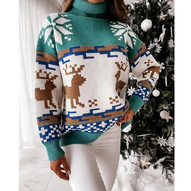 Turtleneck Elk Christmas Jacquard Knit Sweater