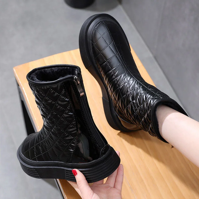 Down Cloth Snow Boots,Women's Shoes for Winter,Waterproof,Thick Sole,Short Boot,Round Toe,Back Zip,Female Footware,BLACK,SILVER