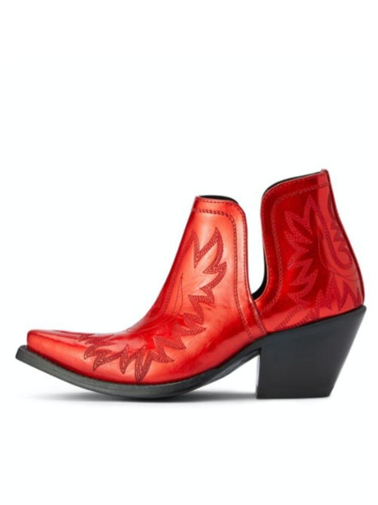 Red Metallic Bright Embroidered Snip Toe Slanted Heel Western Ankle Boots