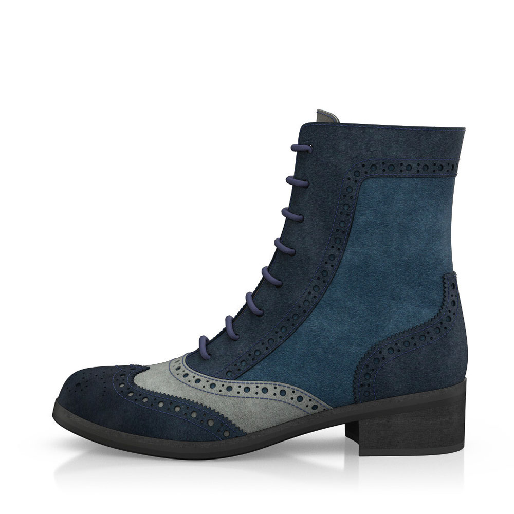Navy Faux Suede Round Toe Block Heel Lace Up Ankle Booties Nicepairs