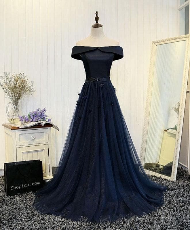 Dark Blue Off Shoulder Long Prom Dress