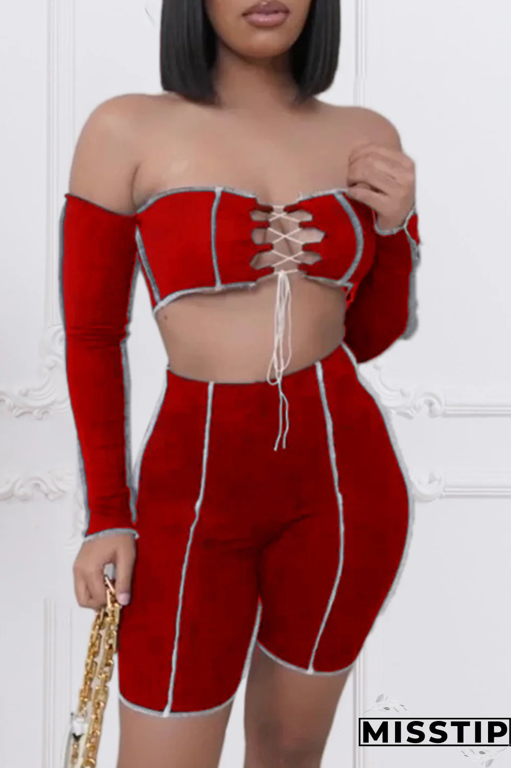 Light Blue Street Solid Bandage Strapless Long Sleeve Two Pieces