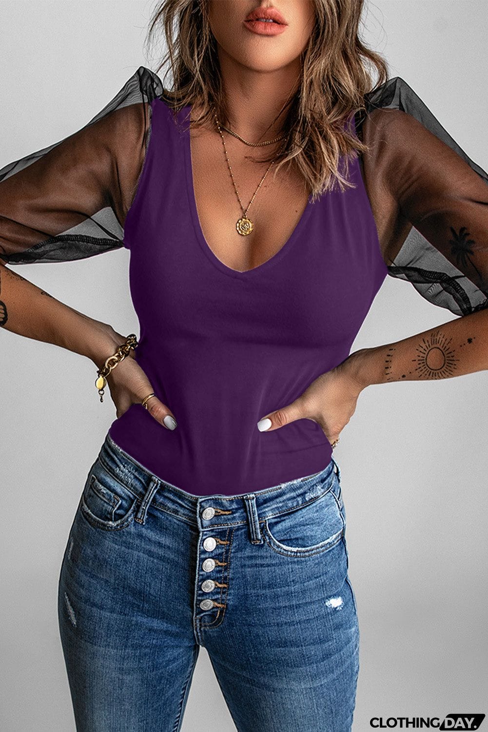 Purple Mesh Puff Short Sleeve Top