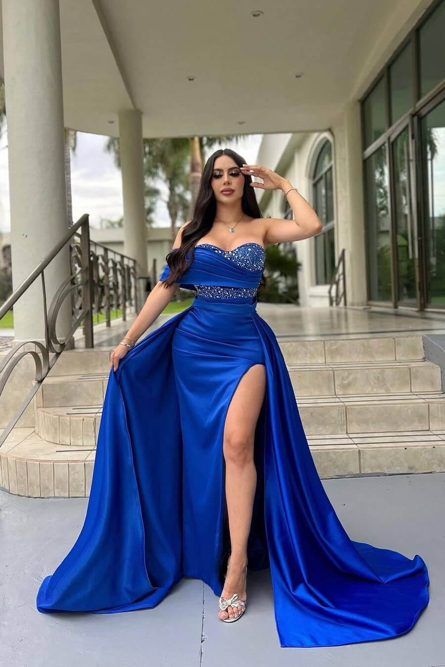 Chic Royal Blue Sweetheart Sleeveless Mermaid Evening Gown With Split Sequins Beads overskirt - lulusllly