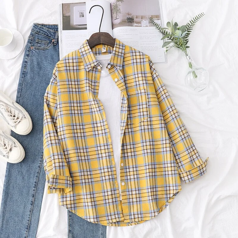 2021 New Long Sleeve Loose Casual Womens Plaid Shirt Fine Fresh College Style Design Blouses And Tops Female Checked Clothes