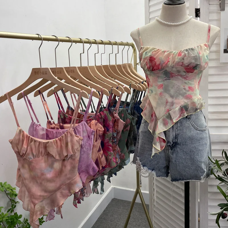 Nigikala Nigikala Shoot 辣tie Bra Irregular Sling Sling Vest Slimming Print Mesh Sleeveless Top 8950