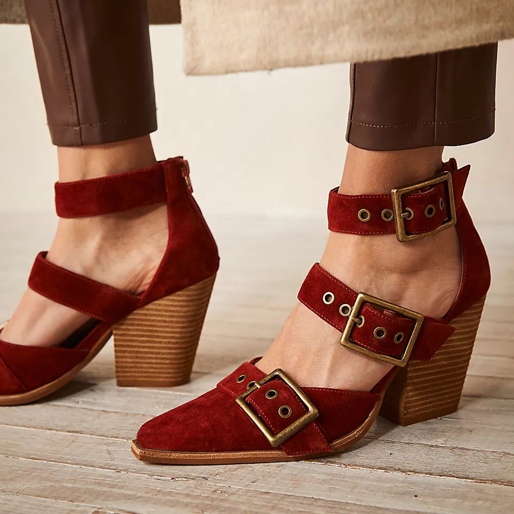 Red Almomd Toe Pumps Adjustable Buckle Ankle Pumps