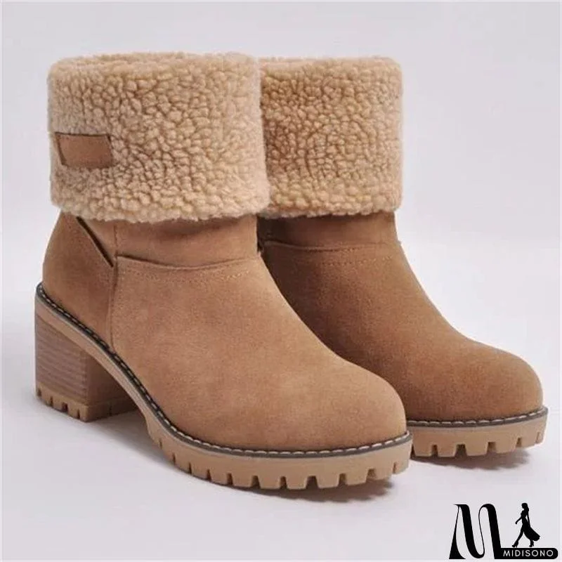 MidiSono - Warm Fur Lining Square Chunky Heel Suede Snow Boots for Women