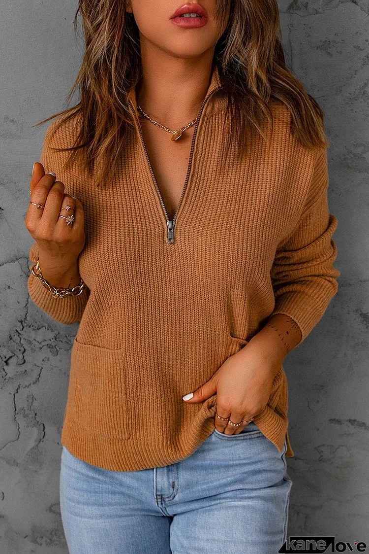 Half Zip Ribbed Knit Pocketed Sweater