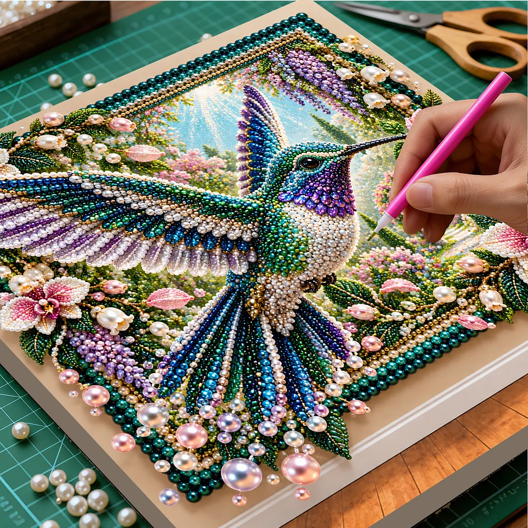 Framed Pearl Painting Kit Hummingbird Garden for Adults 12x12in