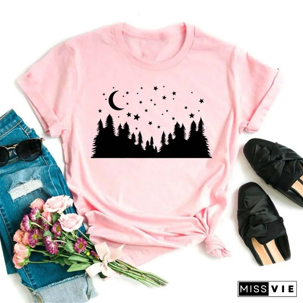 Maycaur Women Harajuku T Shirt New Moon Star Printed T Shirt O-Neck Summer Short Sleeve Tees Women Clothes Graphic T Shirts