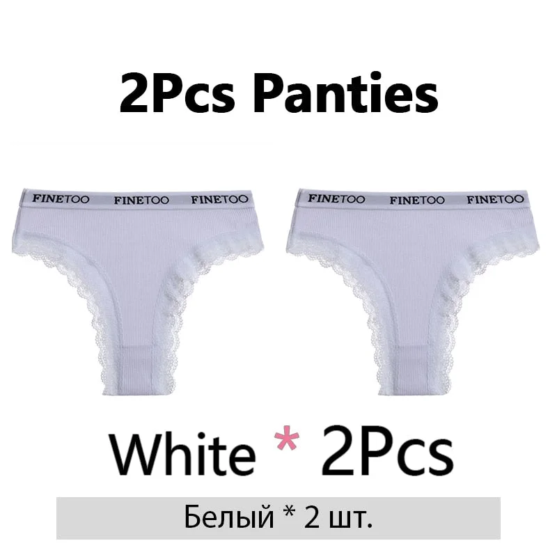 FINETOO 2Pcs/Set Cotton Panties for Women Sexy Ladies Lace G-string Solid Color Thongs Girls Plus Size M-2XL Underwear Lingerie