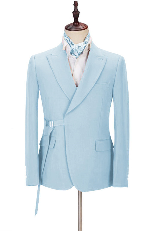 Gorgeous Sky Blue Best Wedding Men's Suits Peaked Lapel With Adjustable Buckle - lulusllly