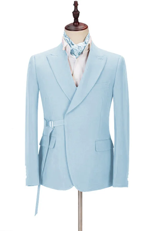 Gorgeous Sky Blue Best Wedding Suits Outfits For Men Peaked Lapel With Adjustable Buckle