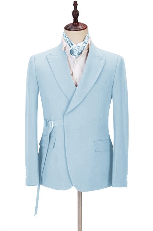 Chic Peaked Lapel Sky Blue Best Wedding Suits For Men With Adjustable Buckle | Ballbellas Ballbellas