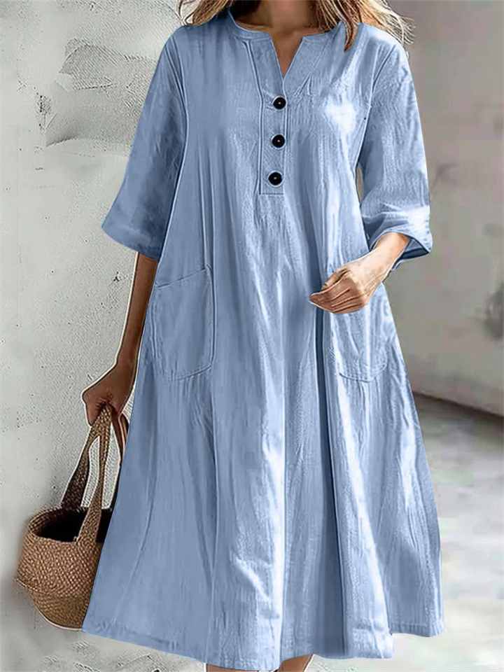 Women's Dresses Women's Mid-length V-neck Half-sleeved Cotton and Linen Loose Dresses