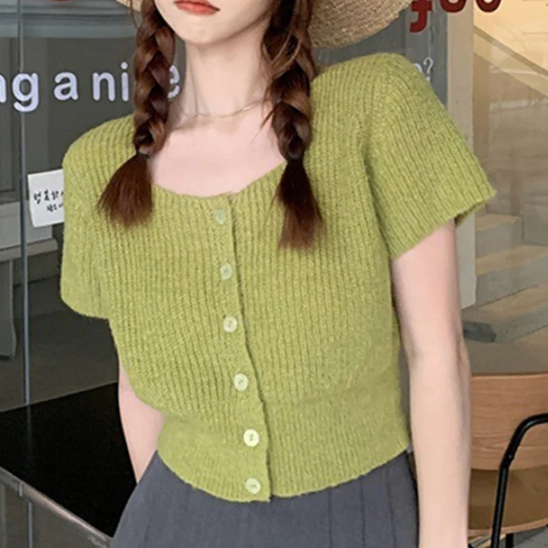 Toloer Toloer Spring And Summer New Korean Version Short Short Sleeve Jacket Female Small U Collar South Korea East Gate Thin Knit Cardigan-Outfit Ideas