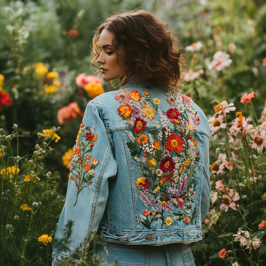 Comstylish Women's Colorful Flower Embroidery Denim Jacket