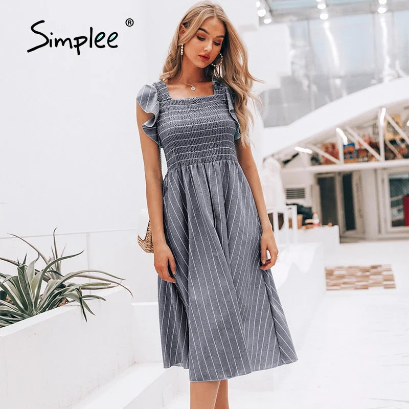 Simplee Vintage striped women long dress Ruffle linen blue elegant summer dress 2019 Casual cotton fashion female beach vestidos