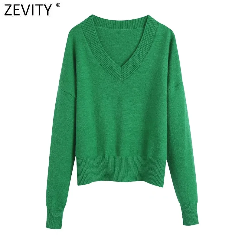 Zevity Women Simply V Neck Soft Touch Casual Purple Knitting Sweater Female Chic Basic Long Sleeve Pullovers Brand Tops SW901