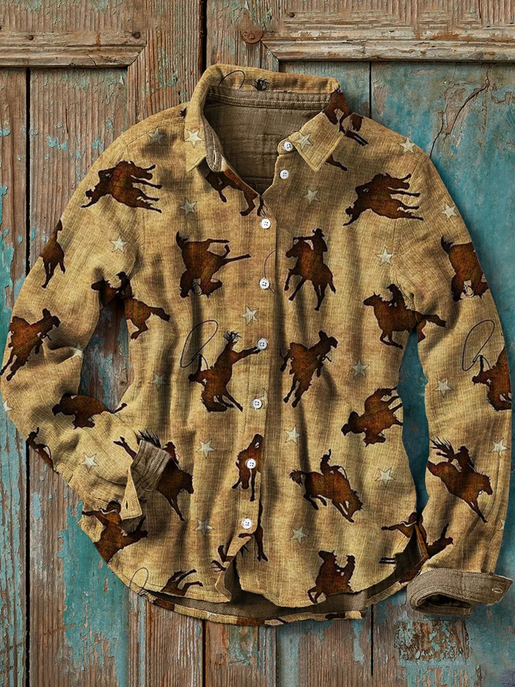 Vintage Western Rodeo Pattern Casual Blouse