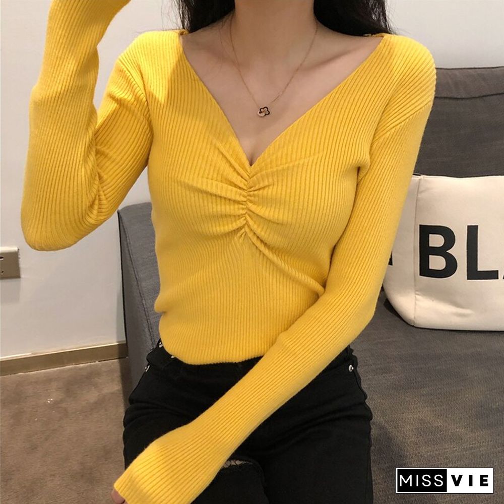 Fall Sexy V Neck Sweater And Pullover Women Slim Fit Long Sleeve Knitted Tops Female Korean Fashion Solid Color Soft Jumper