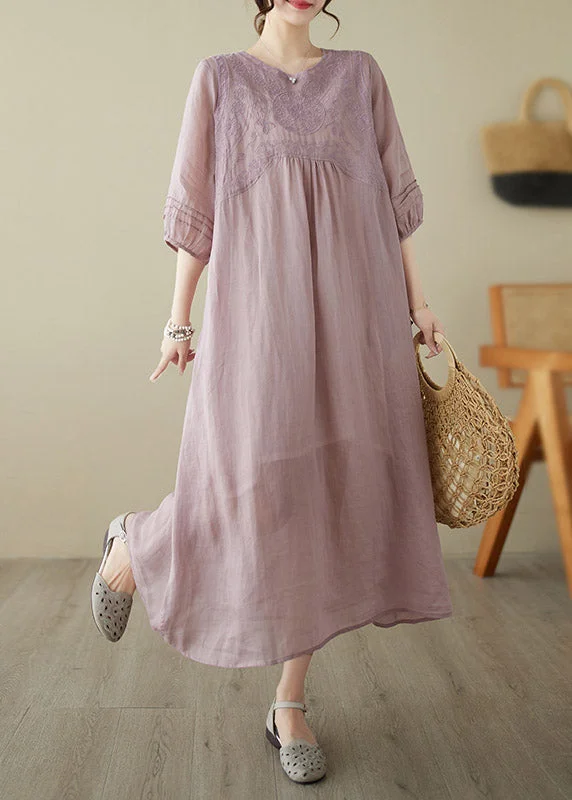 Bohemian Pink O-Neck Embroideried Patchwork Wrinkled Linen Long Dress Half Sleeve