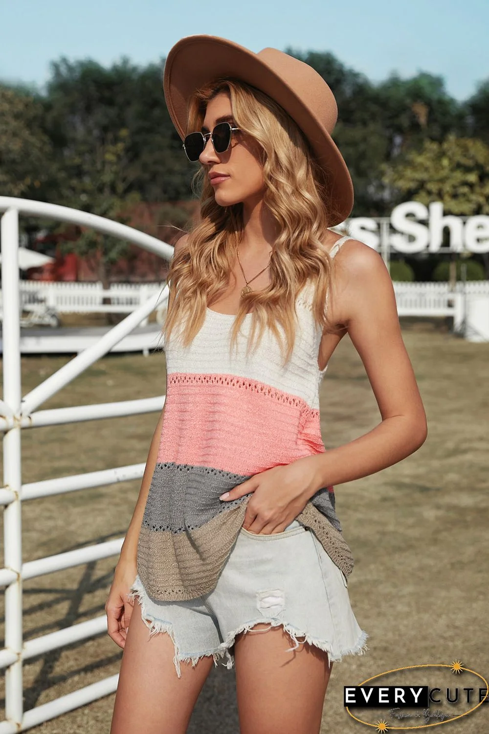 Multicolor Adjustable Spaghetti Straps Colorblock Knit Tank Top