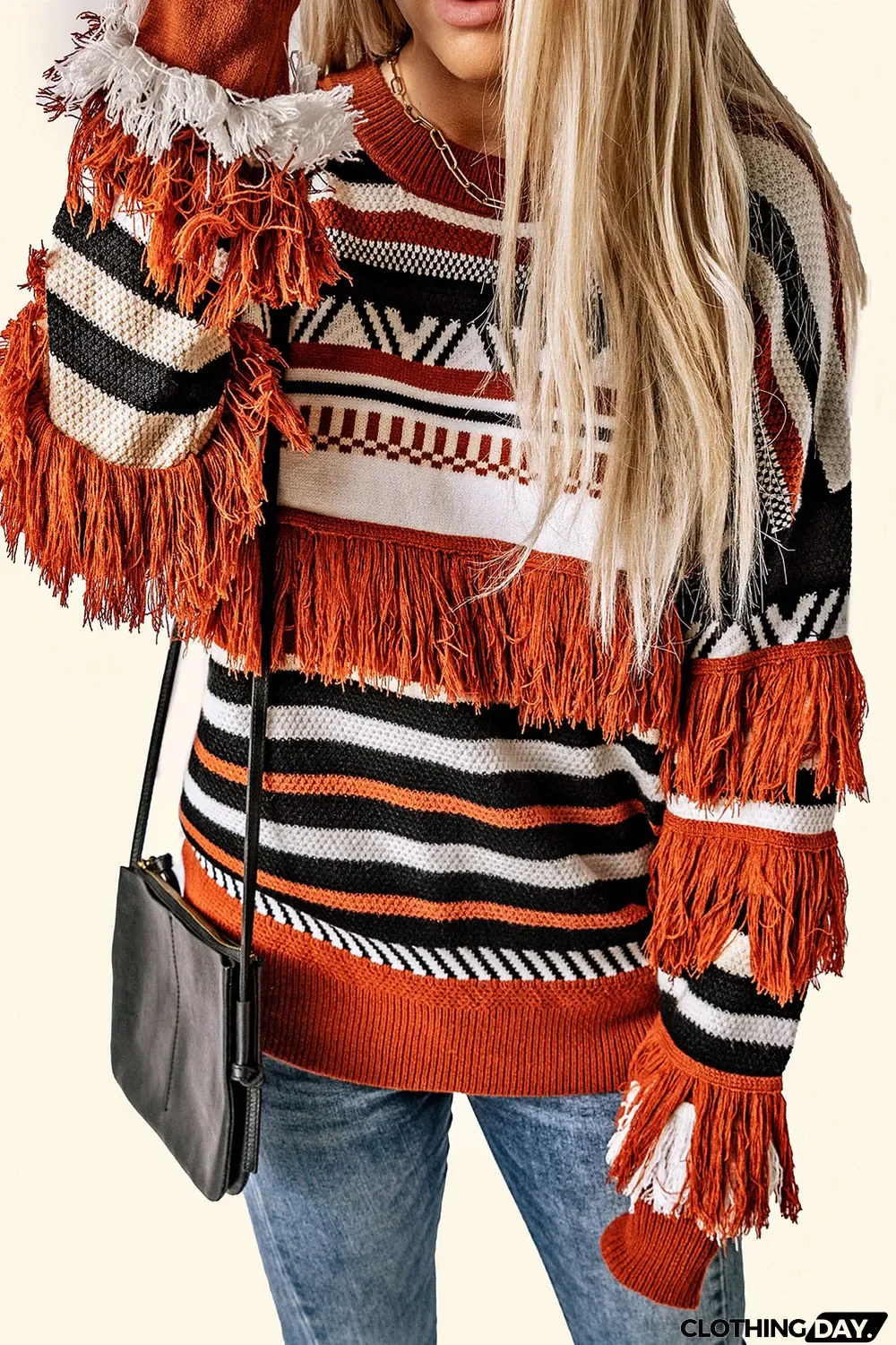 Multicolor Round Neck Striped Sweater with Fringe