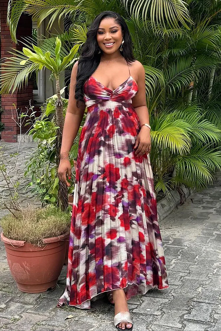 Floral Print Plunge Neck Pleated A-Line Strappy Maxi Dresses-Red