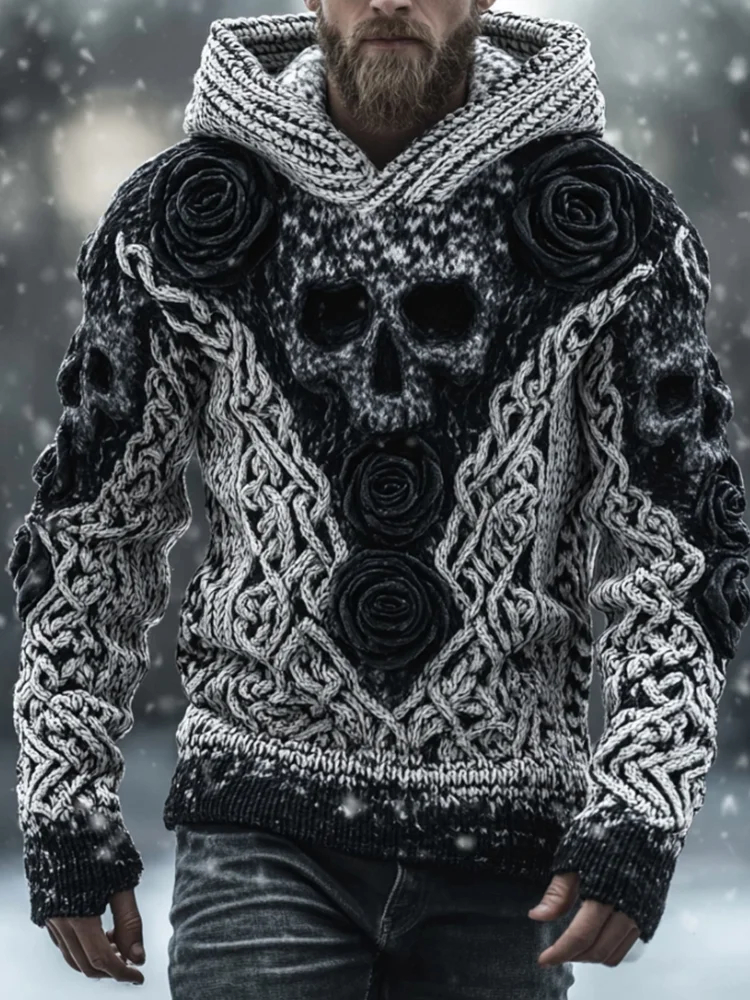 Men's Vintage Skull-print Hooded Sweater
