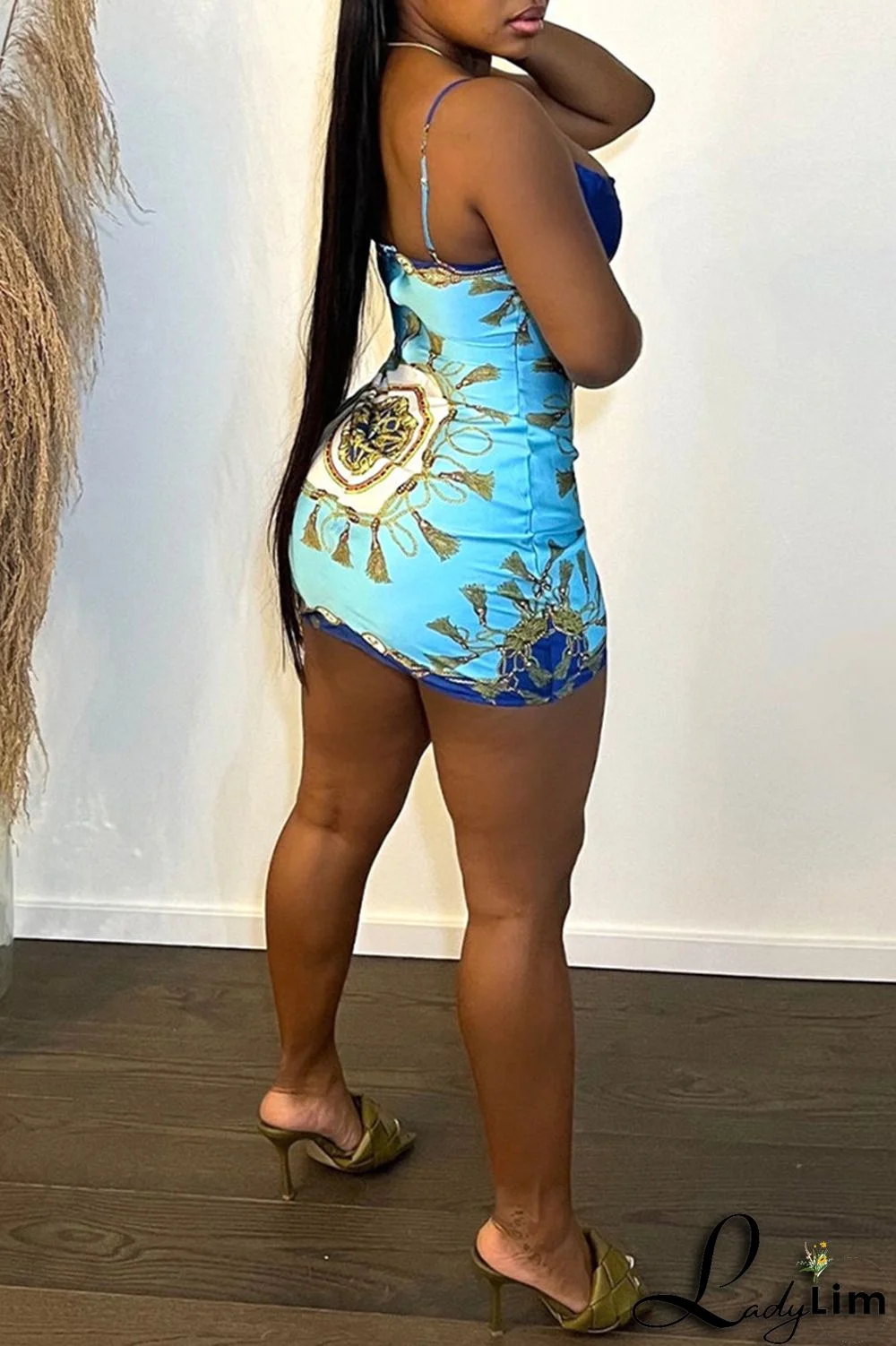 Blue Fashion Sexy Print Backless Spaghetti Strap Sleeveless Dress