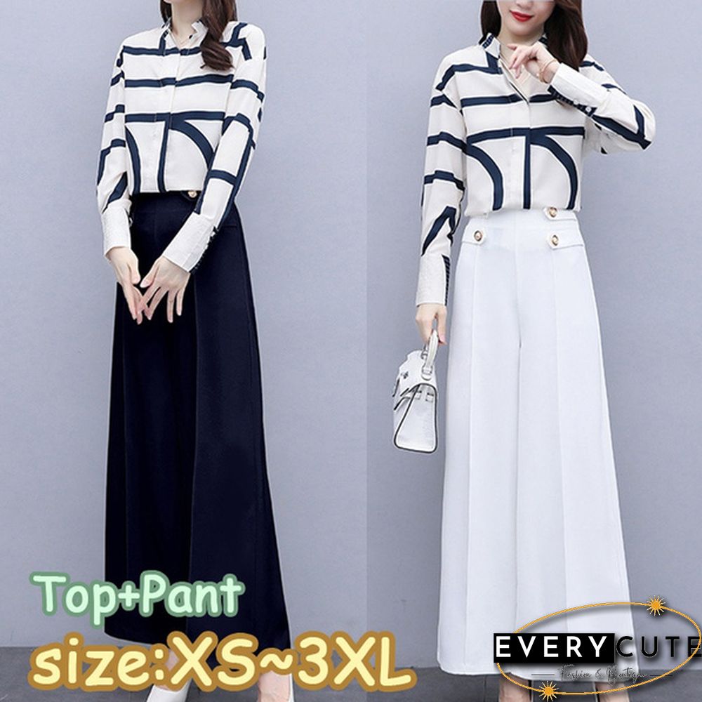 Autumn Fashion Office Two Piece Set Outfits Women Striped Chiffon Shirt Wide Leg Pants