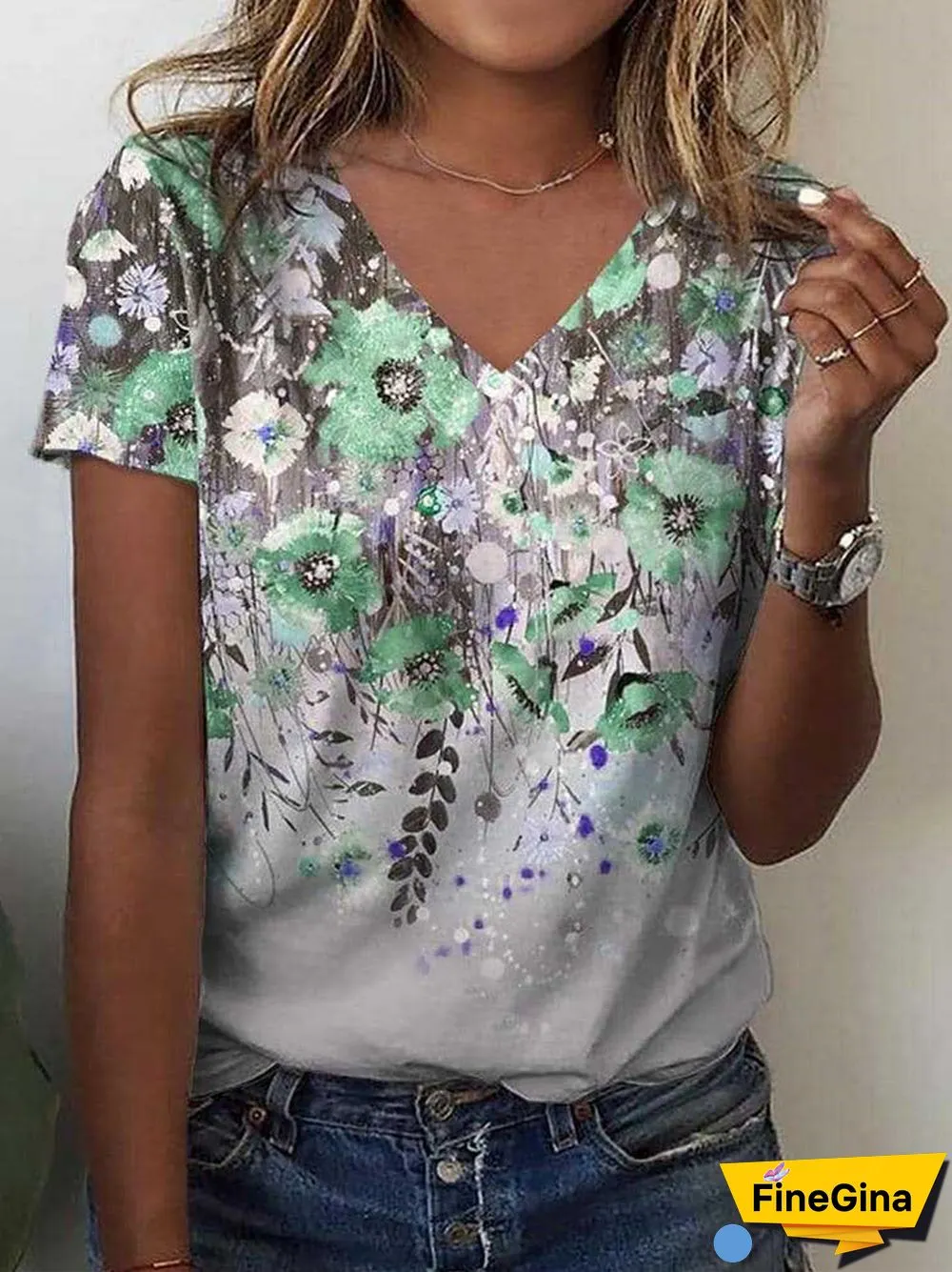 Women's Floral Printed Short Sleeve V-neck Top