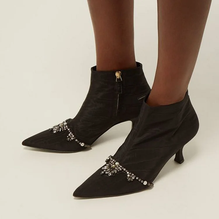 Black Kitten Heel Boots Pointed Toe Rhinestone Booties for Women |FSJ Shoes