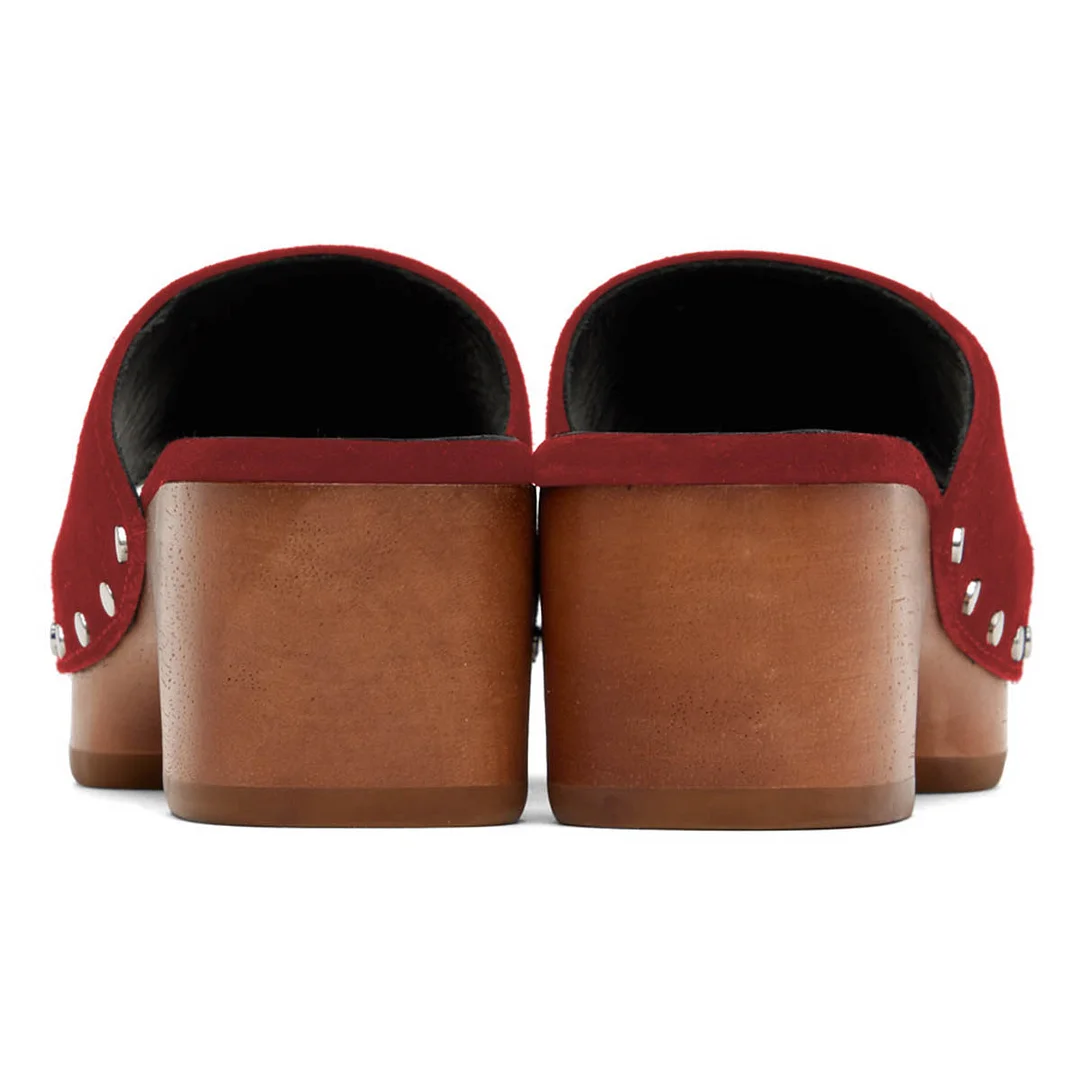 Burgundy Open Round Toe Clogs Platform Slide Sandals with Studs