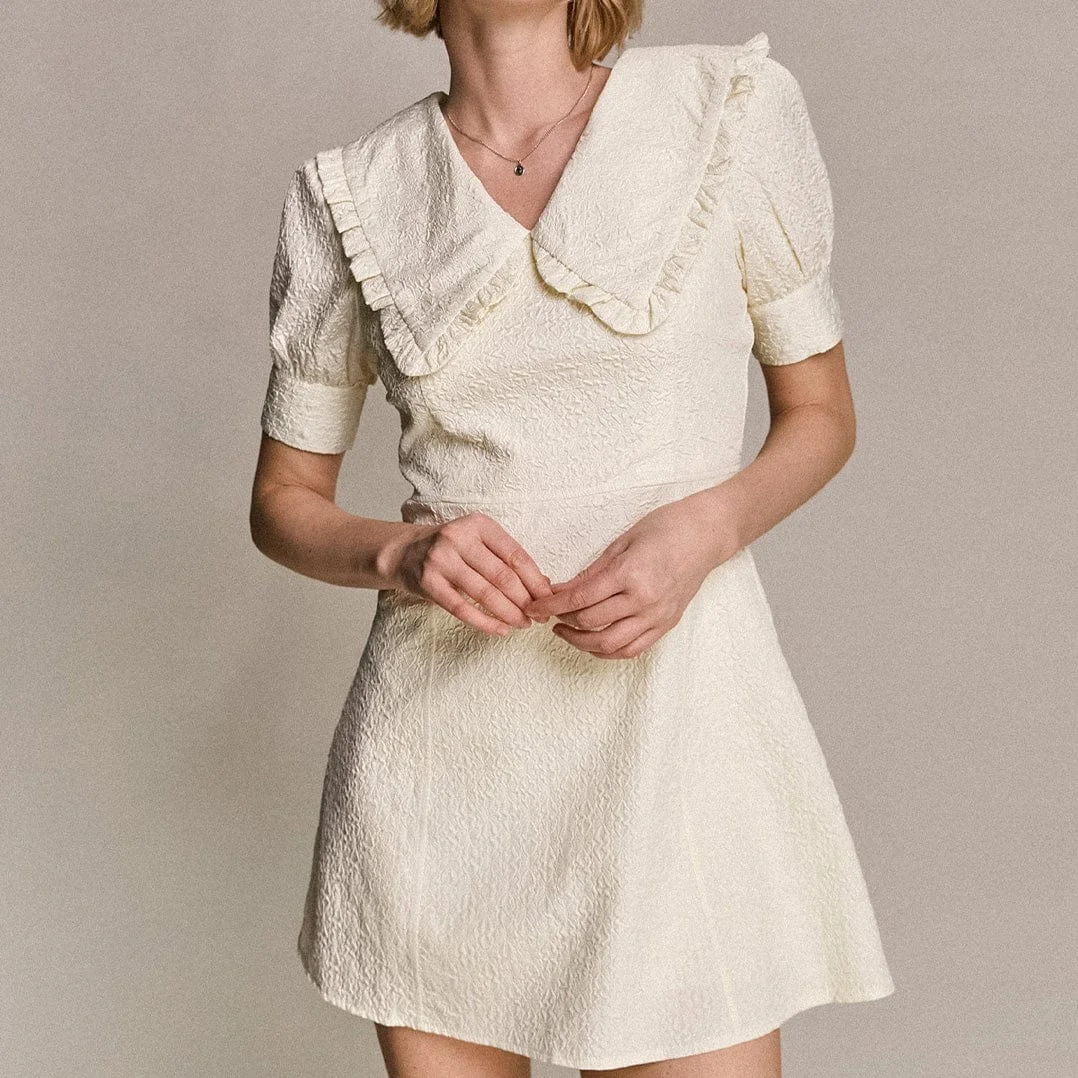 Abebey Ivory Textured Ruffle-Trimmed Collar Puff Sleeve Mini Dress