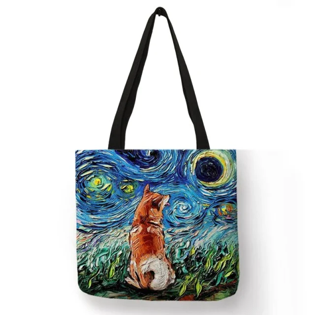 Linen Eco-friendly Tote Bag -  Van Gogh/Starry Sky Animal Dog