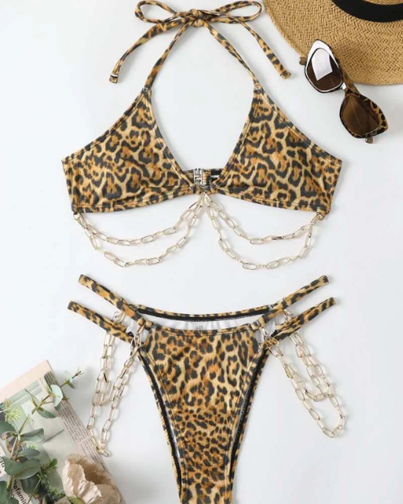 Leopard Chain Decor Bikini Swimsuit 