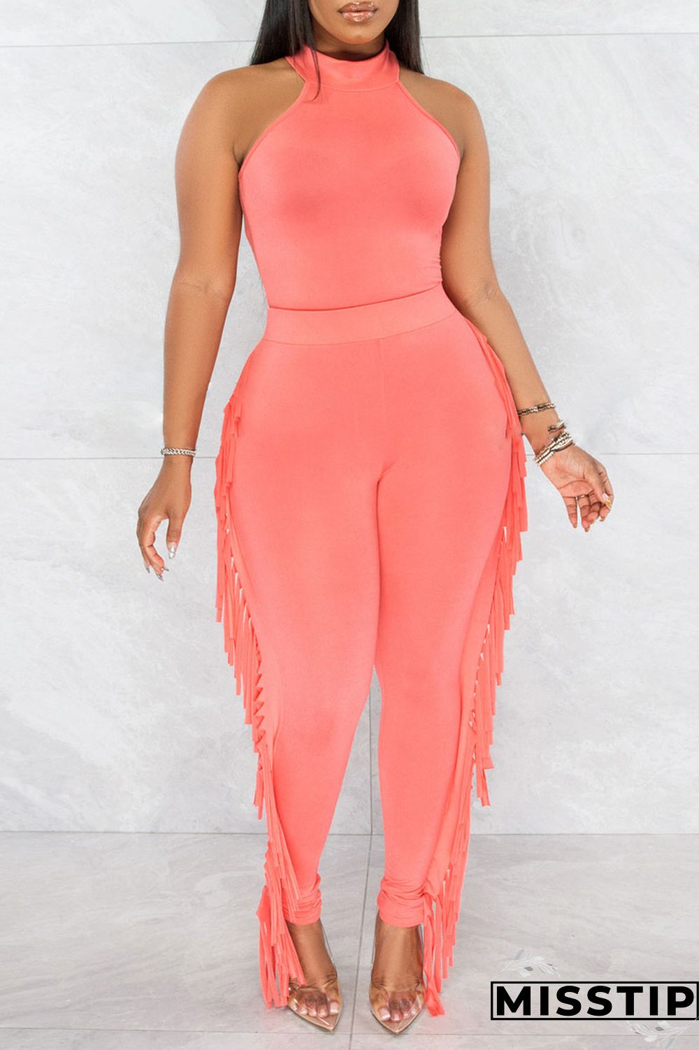 Black Casual Solid Tassel Patchwork O Neck Sleeveless Two Pieces