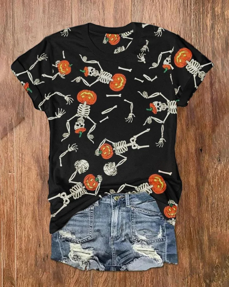 Women's Halloween Skeleton Pumpkin Print T-Shirt